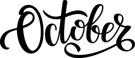 October. Handwritten black lettering. Lettering autumn month. Word for typography, postcard, calendar, monthly organizer.