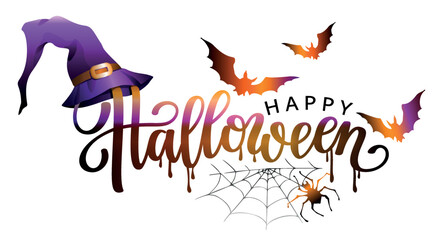 Happy Halloween decorative lettering with bats, spider, spider web and purple witch hat.