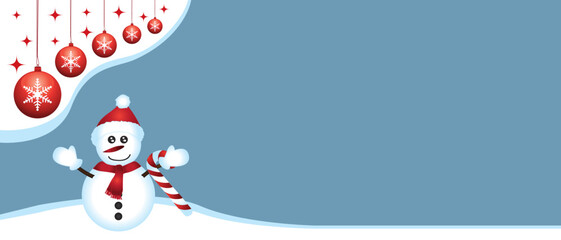 Winter merry christmas banner. Empty copy space for text. Vector illustration with snowman and baubles II.