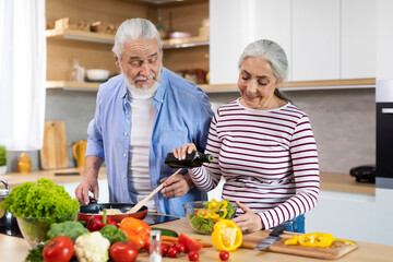 Happy Elderly Couple Preparing Tasty Lunch Together In Kitchen