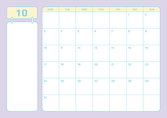 October 2022 calendar template design illustration in colorful and cute style. Notes, scheduler, diary, calendar, memo, planner document template background. 