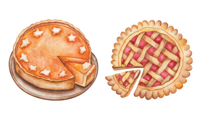 Watercolor illustration of hand painted orange pie from pumpkin with white cream, meringue. Apple pie with jam. Baked pastry. Thanksgiving traditional cakes. Isolated food clip art for menus, posters