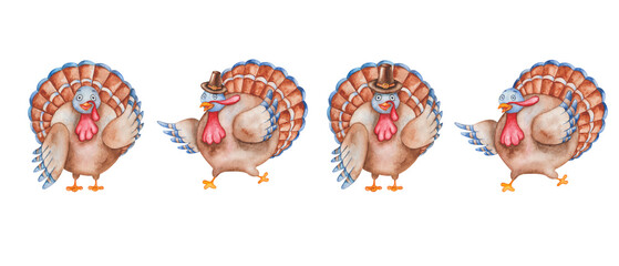 Watercolor illustration of hand painted turkey birds in pilgrim hats with brown, blue feathers, wings. Cartoon animal character. Isolated on white clip art for prints, posters, cards for Thanksgiving