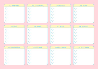 A yearly calendar template in a colorful and cute style. Note, diary, planner, calendar design template.