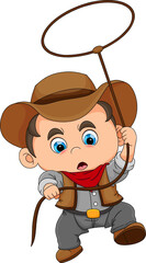The little cowboy is catching something with the long rope