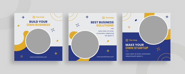 Set of editable templates for Instagram post, Facebook square, start up, marketing, business, fresh design with white blue yellow colour and minimalist vectors (2/3)