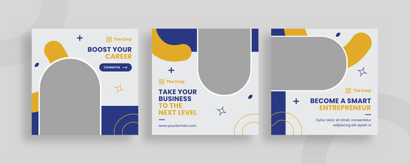 Set of editable templates for Instagram post, Facebook square, start up, marketing, business, fresh design with white blue yellow colour and minimalist vectors (3/3) © 1stDay