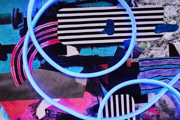 Fragment of abstract color striped background with flexible blue neon tube