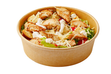Plate of chicken caesar salad isolated on white background