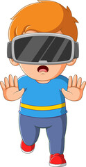 The boy is wearing a virtual reality and walking