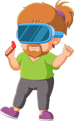 The boy is playing virtual reality and doing some dance