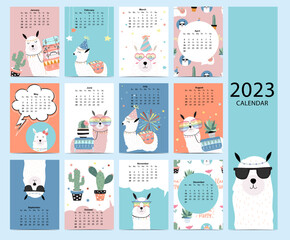 Cute calendar 2023 with llama for children.Can be used for printable graphic © piixypeach