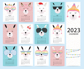 Cute calendar 2023 with llama for children.Can be used for printable graphic © piixypeach