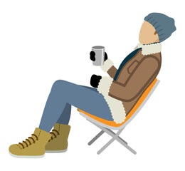 Man sitting down on the folding chair - Winter or Autumn fashion