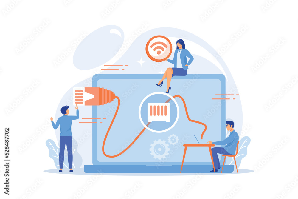 Poster businessman at table using laptop with ethernet connection. ethernet connection, lan connection tech