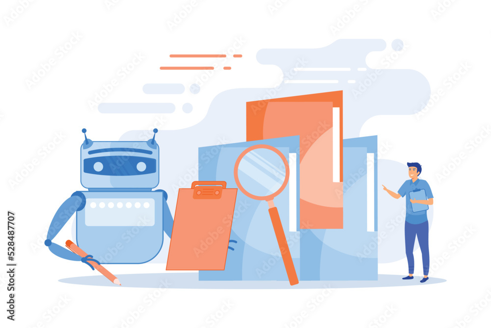 Poster robot doing repeatable tasks with a lot of folders and magnifier. robotic process automation, servic