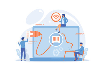 Businessman at table using laptop with ethernet connection. Ethernet connection, LAN connection technology, ethernet network system concept. flat vector modern illustration - obrazy, fototapety, plakaty