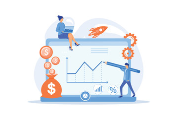 Investment managers with laptops offer better returns and risk management. Investment fund, investment opportunities, hedge fund leverage concept. flat vector modern illustration