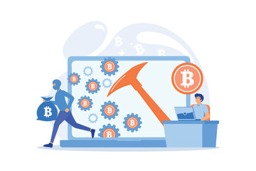 Scammer in mask stealing cryptocurrency from mining pool on laptop. Hidden mining, miner bot and mining virus concept on white background. flat vector modern illustration