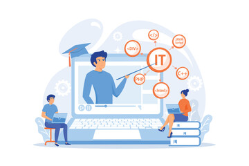 Teaching students online. Internet learning. Computer programming. Online IT courses, best online IT training, online certification courses concept. flat vector modern illustration