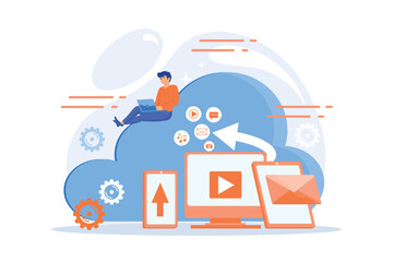 Fototapeta na wymiar Digital devices and businessman with laptop on cloud using IaaS. Cloud based engine, infrastructure as a service, virtual machine on demand concept. flat vector modern illustration