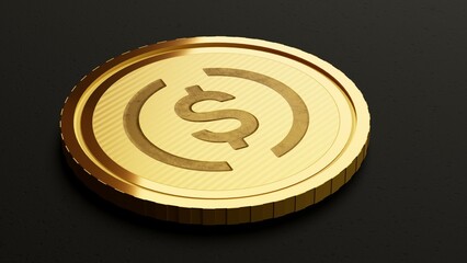 USD Coin in shape of golden metal coin on black background. 3D illustration of popular cryptocurrency symbol.