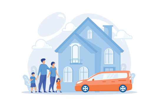 Happy parents with children and detached house. Single-family detached home, family house, detached residence and single dwelling unit concept. flat vector modern illustration