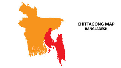 Chittagong State and regions map highlighted on Bangladesh map.