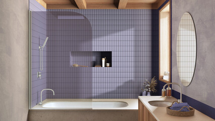 Japandi minimalist bathroom in white and violet tones, Marble bathtub and wooden washbasin. Farmhouse interior design