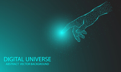human hand touching fingers from triangle line and particle style design vector illustration