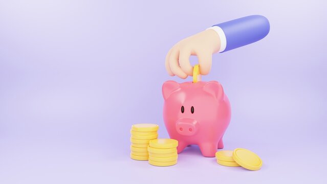 Cartoon Hand putting coin to piggy bank. Saving money. 3d render illustration