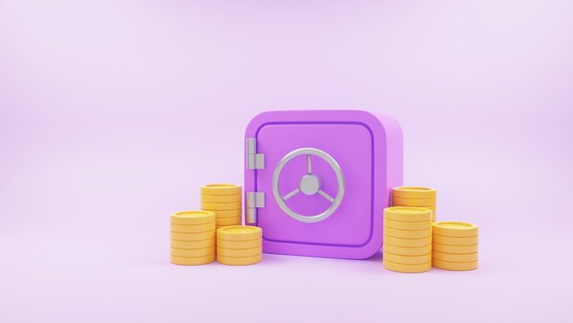 Vault or Safe box with coin stacks, bunch of money, money-saving, and stored money concept. 3d render illustration