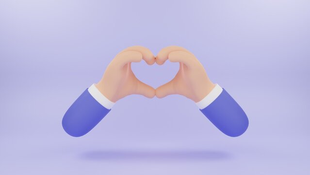 Two cartoon style funny open man palms showing heart. Abstract concept of love, hope, charity and healthcare. 3d render illustration