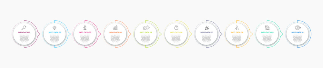 Business Infographics template. Timeline with 10 steps, options and marketing icons .Vector linear infographic with two circle conected elements. Can be use for presentation.