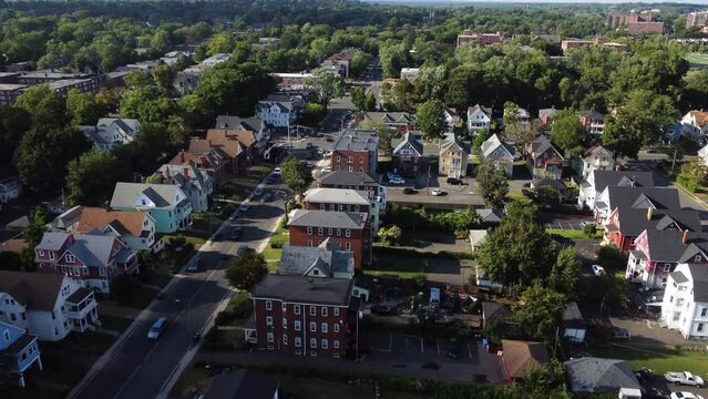 Cinematic Aerial Street View of Houses In Hartford, CT