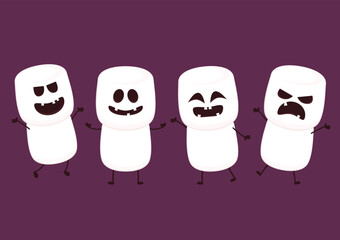 Marshmallow cartoon. marshmallow character design. Marshmallow in a with cute pumpkin face.  Halloween dessert. Halloween party.