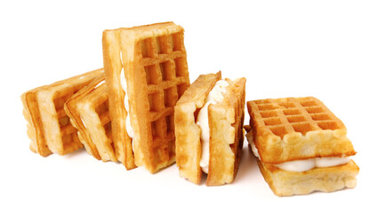 Viennese waffles with cream isolated on white background.