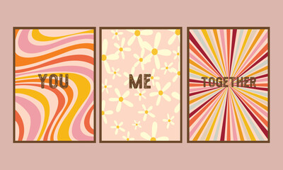 Obraz premium Hippie retro vintage Valentine's day cards in 70s-80s style. Flat vector illustration