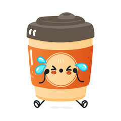 Cute sad cup of coffee character. Vector hand drawn cartoon kawaii character illustration icon. Isolated on white background. Sad cup of coffee character concept