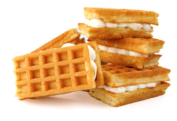 Viennese waffles with cream isolated on white background.