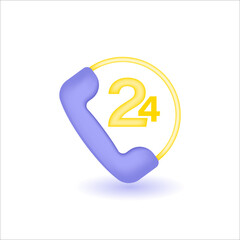 Call Phone 24hours 3d icon. mobile, customer services, business. 3d render vector illustration.