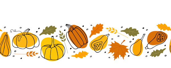 Seamless border with Pumpkin, falling oak and maple leaves. Hand drawn autumn vector backdrop. Thanksgiving or Halloween Repeated vector illustration for wallpaper, wrapping, textile, scrapbooking.