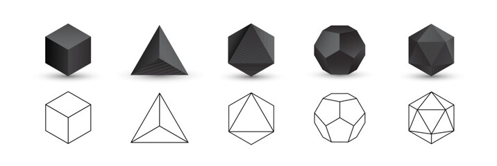 Set of black vector editable 3D platonic solids isolated on white background. Mathematical geometric figures such as cube, tetrahedron, octahedron, dodecahedron, icosahedron. Icon, logo, button