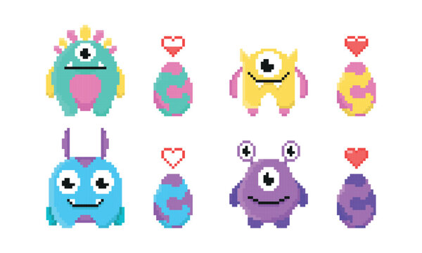 Set of colorful pixel monsters in cartoon style. Vector illustration of game characters that guard eggs with a health indicator on white background.