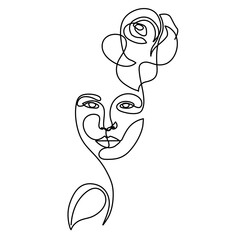 Abstract face with flowers by one line vector drawing. Portrait minimalistic style. Botanical print. Nature symbol of cosmetics. Modern continuous line art. Fashion print. Beaty salon logo.
