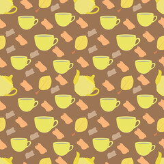 Autumn pattern with a teapot and a cup of tea, yellow leaves. For fabrics, restaurants, cafes, wrapping paper. Vector.