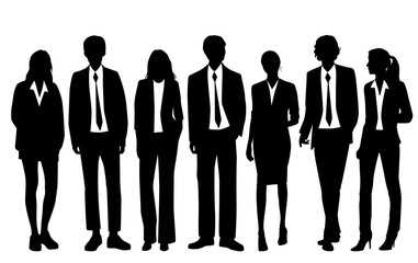 Vector silhouettes of  men and a women, a group of standing   business people, black  color isolated on white background