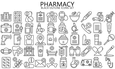 Simple set of outline icons about pharmacy. Included the icons as drugs, medicine, prescription and more. use for modern UI or UX kit, digital banner and app. vector EPS 10 ready convert to SVG.