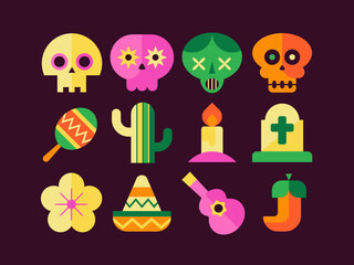 Day of the dead icon set. Collection of flat vector illustrations with skulls, maracas, cactus, candle, tombstone, flower, sombrero, guitar, chili pepper. Dia de los muertos icons.