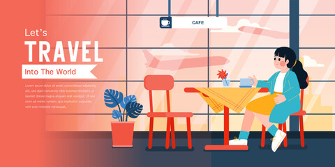 Woman Waiting For Departure Time At Cafe In Airport Terminal, Vector